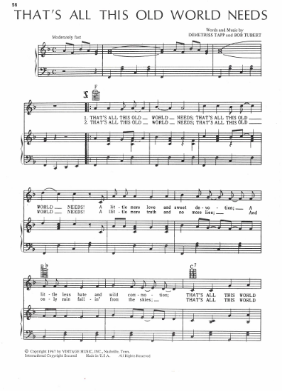 Picture of That's All This Old World Needs, Demetriss Tapp & Bob Tubert, recorded by Stonewall Jackson, sheet music