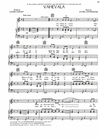 Picture of Vahevala, Daniel Lottermoser, recorded by Kenny Loggins & Jim Messina, sheet music