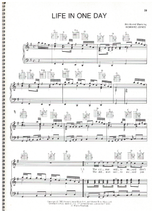 Picture of Life in One Day, written & recorded by Howard Jones, sheet music