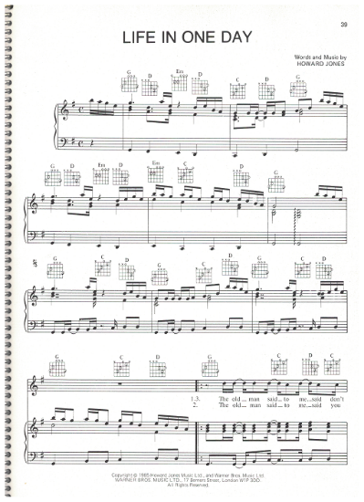 Picture of Life in One Day, written & recorded by Howard Jones, sheet music