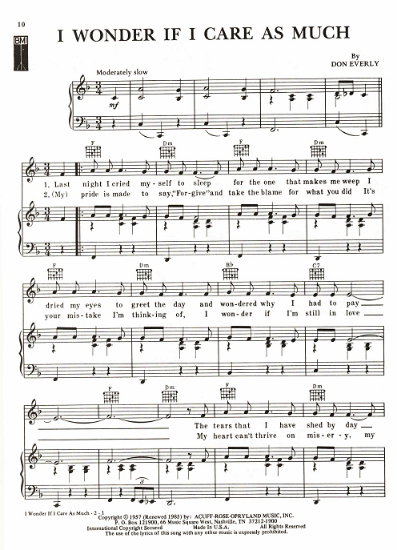 Picture of I Wonder If I Care As Much, Don Everly, recorded by The Everly Brothers, sheet music