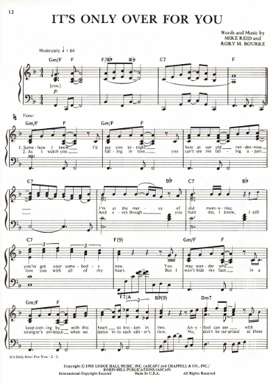 Picture of It's Only Over for You, Mike Reid & Rory M. Bourke, recorded by Tanya Tucker, sheet music