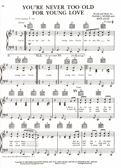Picture of You're Never Too Old for Young Love, Frank J. Myers & Rick Giles, recorded by Eddy Raven, sheet music
