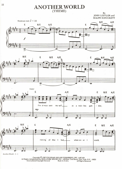 Picture of Another World, TV show theme, John Leffler & Ralph Schuckett, recorded by Crystal Gayle & Gary Morris, sheet music