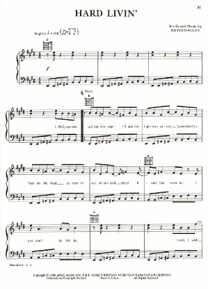 Picture of Hard Livin', David Halley, recorded by Keith Whitley, sheet music
