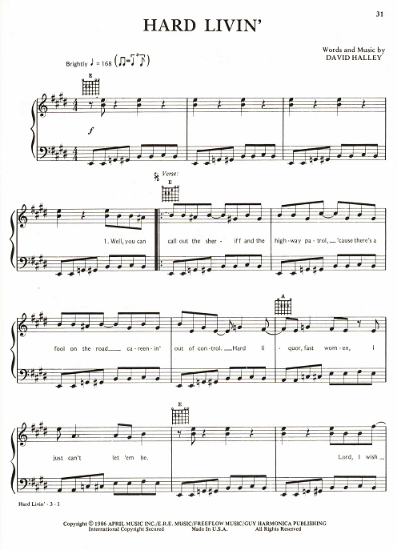 Picture of Hard Livin', David Halley, recorded by Keith Whitley, sheet music