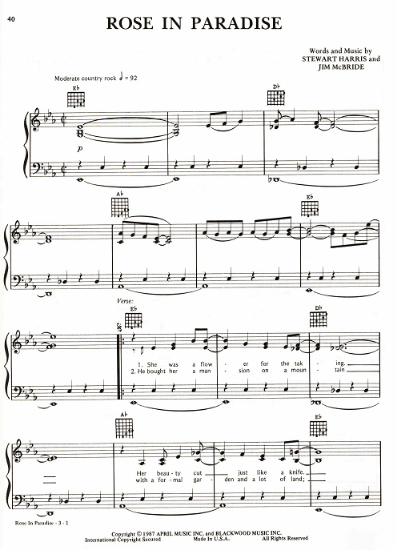 Picture of Rose in Paradise, Stewart Harris & Jim McBride, recorded by Waylon Jennings, sheet music