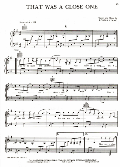 Picture of That Was a Close One, Robert Byrne, recorded by Earl Thomas Conley, sheet music