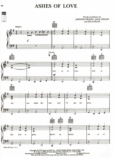 Picture of Ashes of Love, Johnnie Wight/ Jack & Jim Anglin, recorded by The Desert Rose Band, sheet music