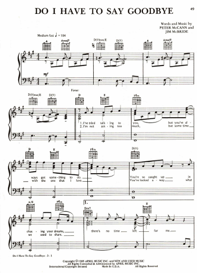 Picture of Do I Have to Say Goodbye, Peter McCann & Jim McBride, recorded by Louise Mandrell, sheet music