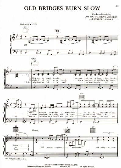 Picture of Old Bridges Burn Slow, Joe South/ Jerry Meaders/ Sanford Brown, recorded by Billy Joe Royal, sheet music