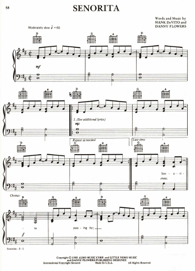 Picture of Senorita, Hank DeVito & Danny Flowers, recorded by Don Williams, sheet music