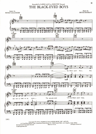 Picture of The Black-Eyed Boys, Peter Callander & Mitch Murray, recorded by Paper Lace, sheet music