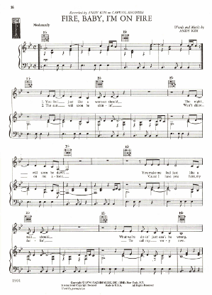 Picture of Fire Baby I'm On Fire, written & recorded by Andy Kim, sheet music