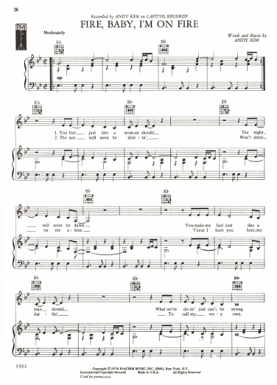 Picture of Fire Baby I'm On Fire, written & recorded by Andy Kim, sheet music