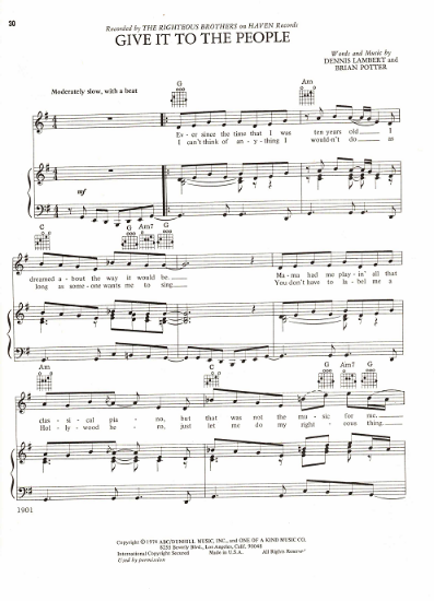 Picture of Give It To The People, Dennis Lambert & Brian Potter, recorded by The Righteous Brothers, sheet music