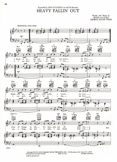 Picture of Heavy Fallin' Out, Hugo & Luigi/ George David Weiss, recorded by The Stylistics, sheet music