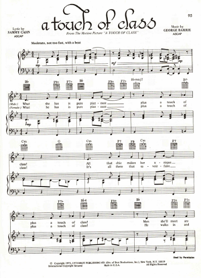 Picture of A Touch of Class, movie title song, Sammy Cahn & George Barrie, sheet music