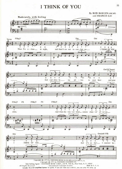 Picture of I Think of You, words & music by Rod McKuen & Francis Lai, sheet music