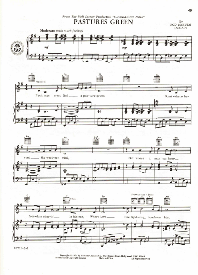 Picture of Pastures Green, from Walt Disney movie "Scandalous John", words & music by Rod McKuen, sheet music