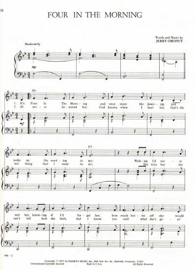 Picture of Four in the Morning, words & music by Jerry Chesnut, sheet music