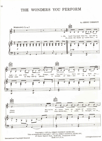 Picture of The Wonders You Perform, words & music by Jerry Chesnut, sheet music