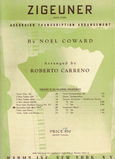 Picture of Zigeuner, from "Bitter Sweet", Noel Coward, arr. Robert Carreno, accordion solo sheet music