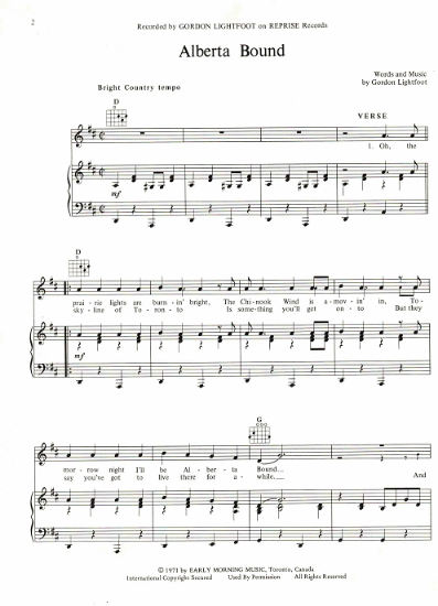 Picture of Alberta Bound, written & recorded by Gordon Lightfoot, sheet music