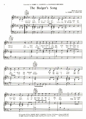 Picture of The Badger's Song, written & recorded by Bobby G. Griffith, sheet music