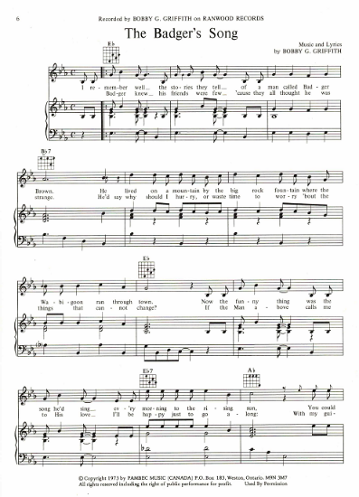 Picture of The Badger's Song, written & recorded by Bobby G. Griffith, sheet music