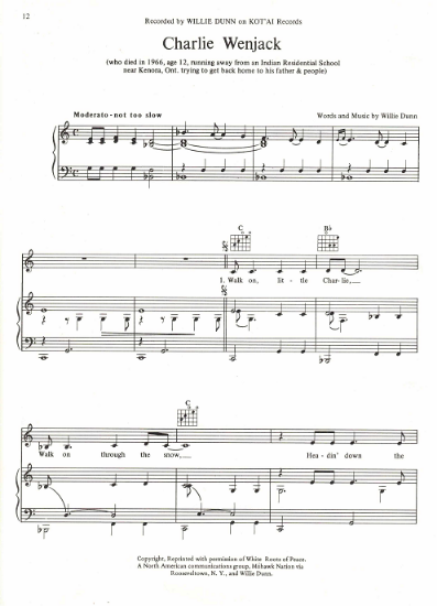 Picture of Charlie Wenjack, written & recorded by Willie Dunn, sheet music