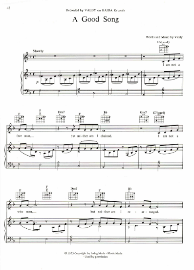 Picture of A Good Song, written & recorded Valdy, sheet music