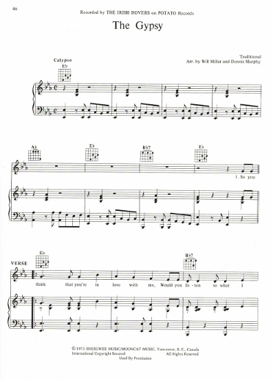 Picture of The Gypsy, arr. Will Millar & Dennis Murphy, recorded by The Irish Rovers, sheet music