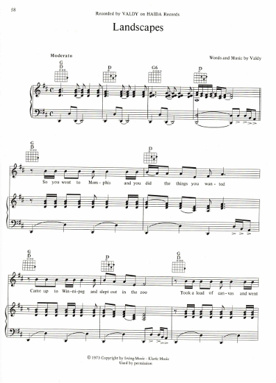 Picture of Landscapes, written & recorded by Valdy, sheet music