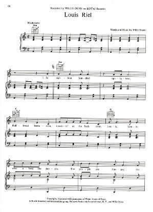 Picture of Louis Riel, written & recorded by Willie Dunn, sheet music