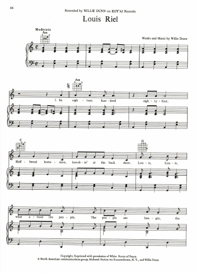 Picture of Louis Riel, written & recorded by Willie Dunn, sheet music