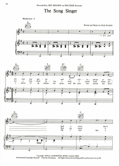 Picture of The Song Singer, Rick Neufeld, recorded by Dee Higgins, sheet music