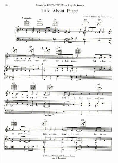 Picture of Talk About Peace, Joe Lawrence, recorded by The Travellers, sheet music