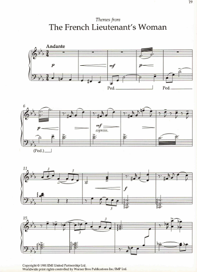 Picture of The French Lieutenant's Woman, movie themes, Carl Davis, piano solo sheet music