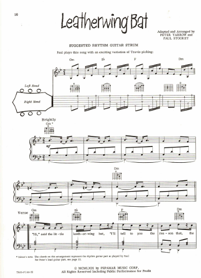 Picture of Leatherwing Bat, Peter Yarrow & Paul Stookey, recorded by Peter Paul & Mary, pdf copy 