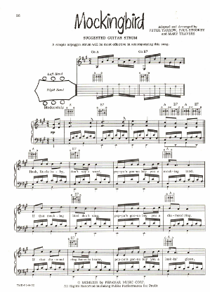Picture of Mockingbird, folk song as recorded by Peter Paul & Mary, sheet music