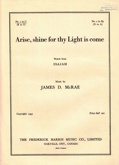 Picture of Arise Shine for Thy Light is Come, James D. McRae, low voice, key of C, sheet music