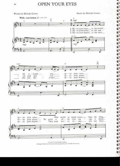 Picture of Open Your Eyes, Melody Green, recorded by Keith Green, sheet music
