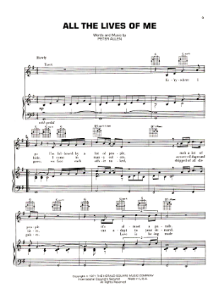 Picture of All the Lives of Me, written & recorded by Peter Allen, sheet music