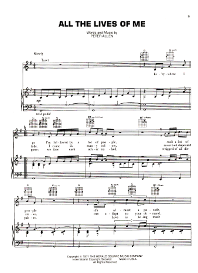 Picture of All the Lives of Me, written & recorded by Peter Allen, sheet music