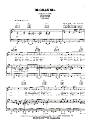 Picture of Bi-Coastal, Peter Allen/ David Foster/ Tom Keane, recorded by Peter Allen, sheet music