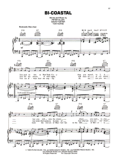 Picture of Bi-Coastal, Peter Allen/ David Foster/ Tom Keane, recorded by Peter Allen, sheet music