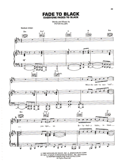 Picture of Fade to Black Everyone Fades to Black, written & recorded by Peter Allen, pdf copy 