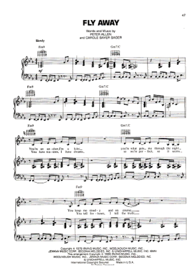 Picture of Fly Away, Peter Allen & Carole Bayer Sager, recorded by Peter Allen, sheet music