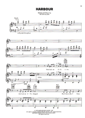 Picture of Harbour, written & recorded by Peter Allen, sheet music